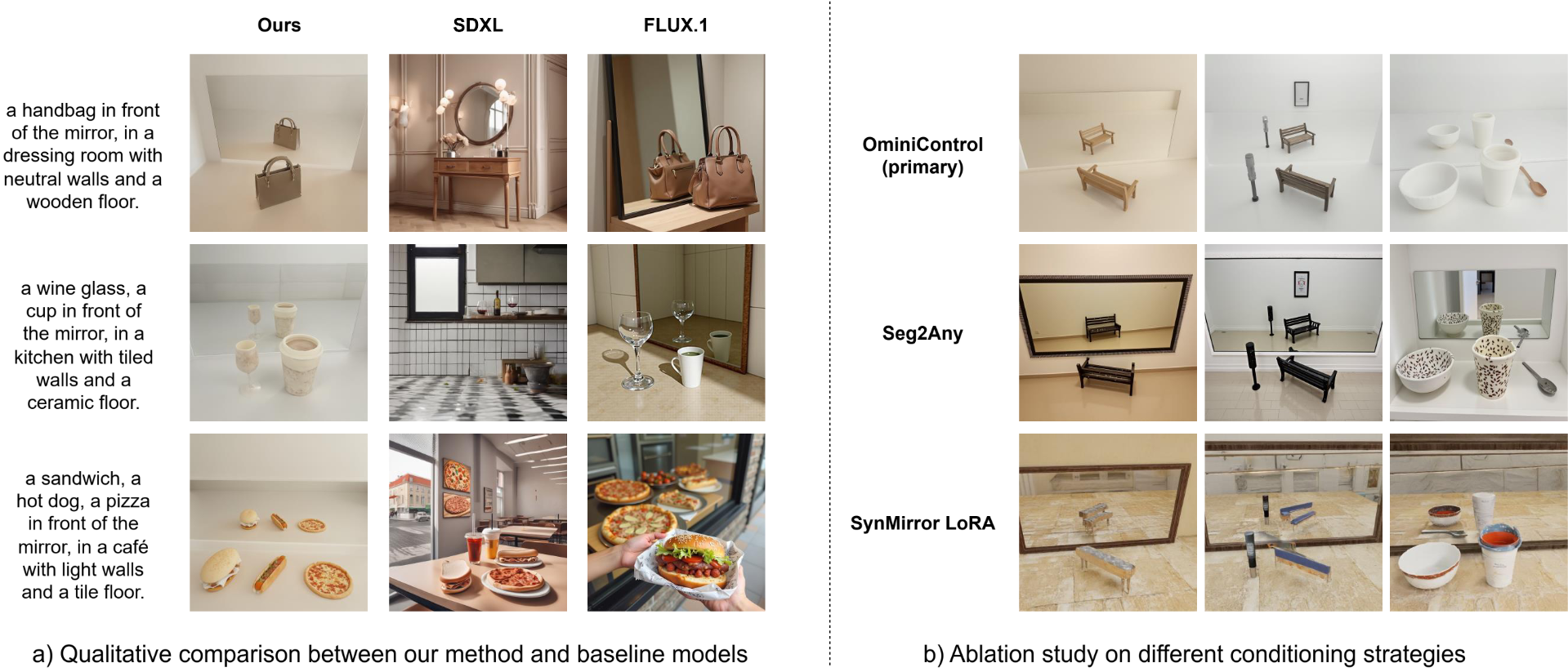 Qualitative comparison of synthesized mirror reflections across varying scene complexities.